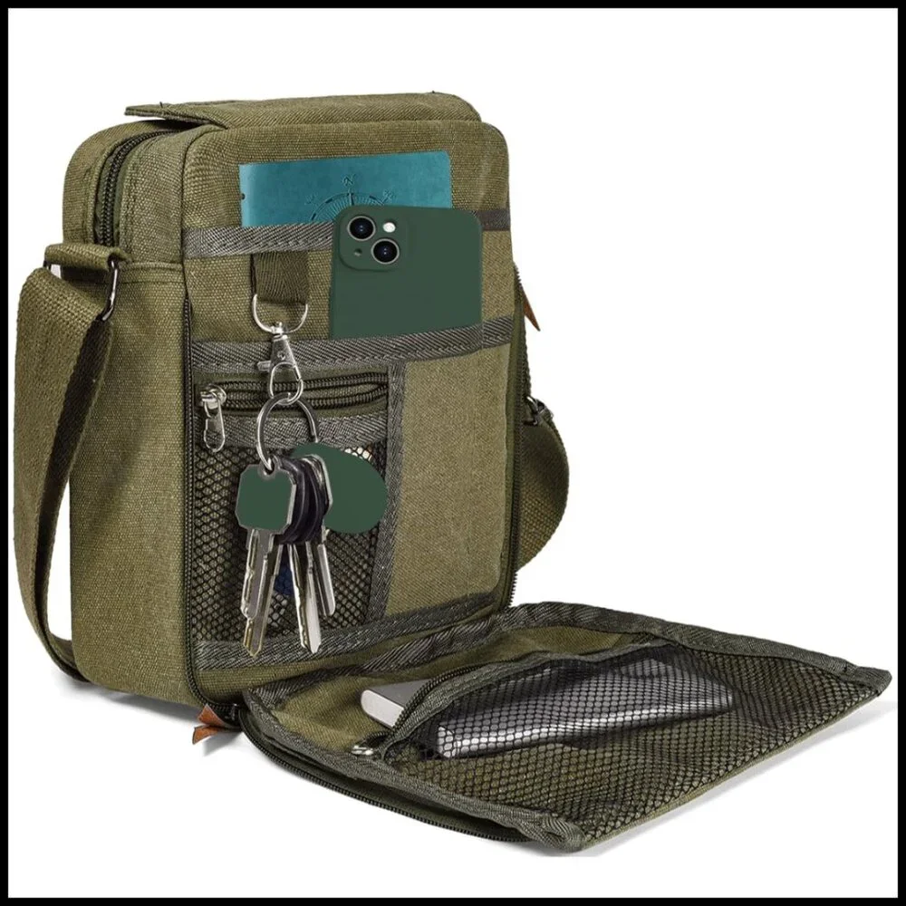 Vintage Canvas Messenger Bag Adjustable Strap Multi Pocket Crossbody Travel